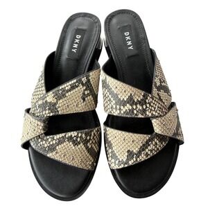 DKNY Snakeskin Embossed Studded Slide Sandals K1042880 Black Beige 6M
